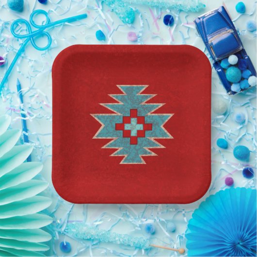 南西メサスレッド&ターコイズ幾何学模様 ペーパープレート (パーティー)