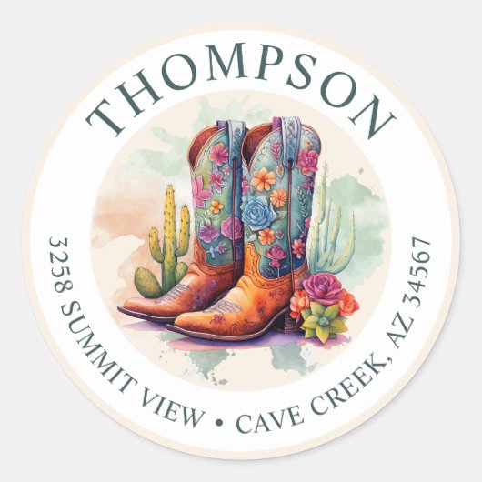 南西女性のカーボーイブーツ差出人住所ラベル ラウンドシール (正面)