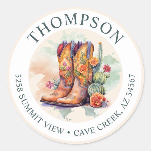 南西女性のカーボーイブーツ差出人住所ラベル ラウンドシール (正面)