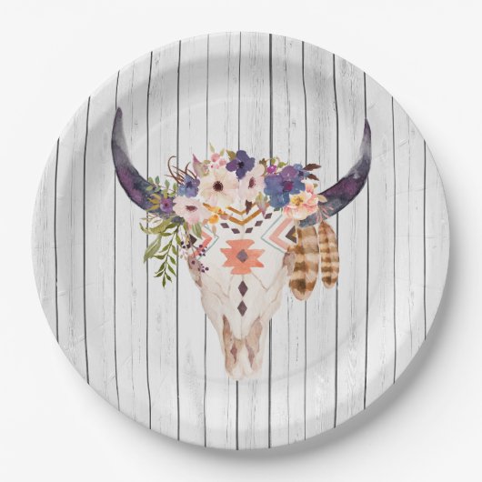 南西牛スカルの種族の印および花 ペーパープレート (正面)