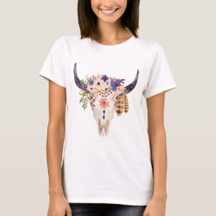 南西牛スカルの種族の印および花 Tシャツ