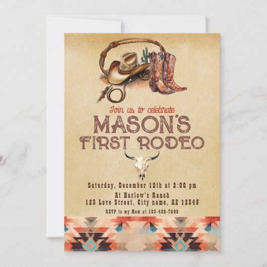 南西素朴カウボーイマイファーストロデオ誕生日 招待状 (正面)