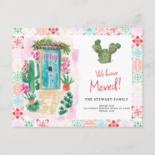 南西部のサボテンのドアの水の色の新しい家の移動 案内ポストカード (正面)