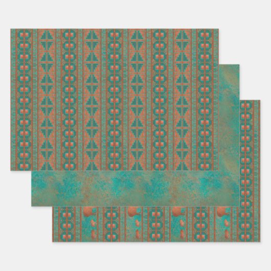 南西部の銅ティール（緑がかった色）ジャベリーナジオメトリックパターン ラッピングペーパーシート (セット)