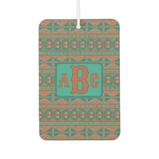 南西部の銅ティール(緑がかった色)幾何学的デザインモノグラム カーエアーフレッシュナー (正面)