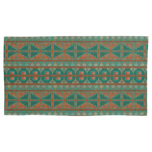 南西部の銅ティール(緑がかった色)幾何学的パターンキング 枕カバー (正面左)