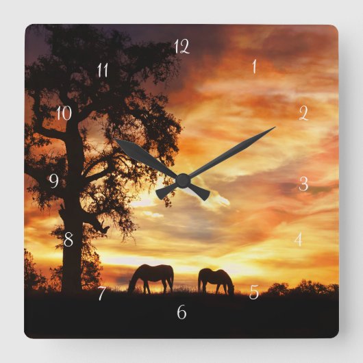 南西部の馬とオークの木 スクエア壁時計 (正面)