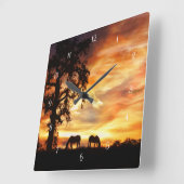 南西部の馬とオークの木 スクエア壁時計 (傾斜)