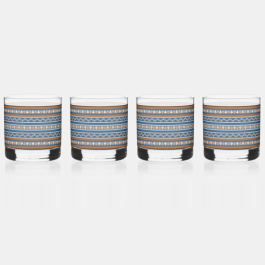 南西部デザインブルーとブラウンの幾何学模様 ウイスキーグラス (正面)
