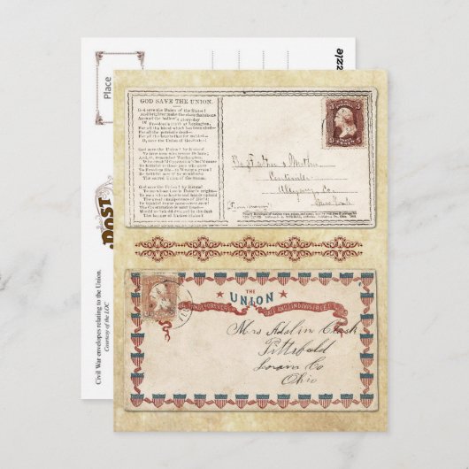 南軍への郵便印が押された南北戦争の封筒 ユニオン ポストカード (正面/裏面)