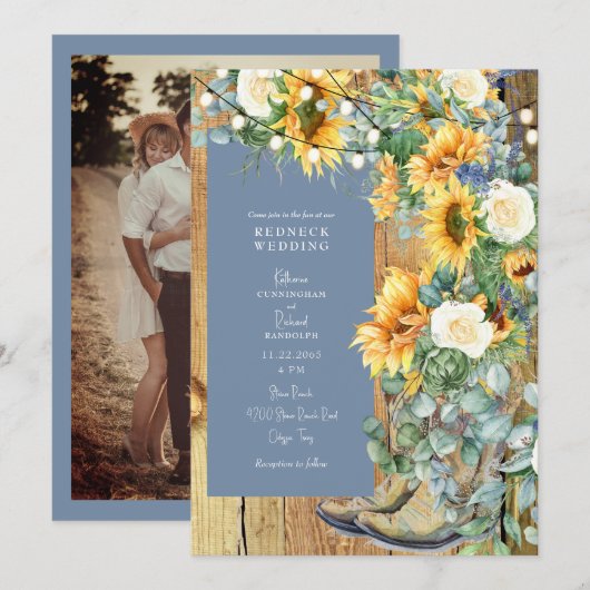 南部風ウェディングブーツ ストリング ペリウィンクル 招待状 (正面/裏面)