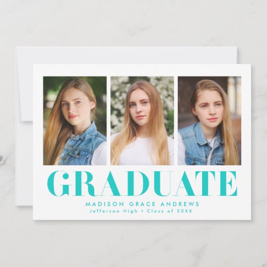 単にはっきりしたターコイズ3写真卒業 案内状 (正面)