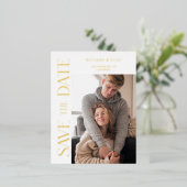 単にエレガントタイポグラフィ写真の日付を保存 箔招待状ポストカード (立ち正面)