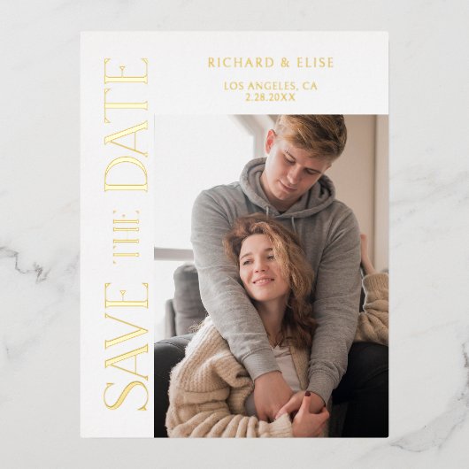 単にエレガントタイポグラフィ写真の日付を保存 箔招待状ポストカード (正面)