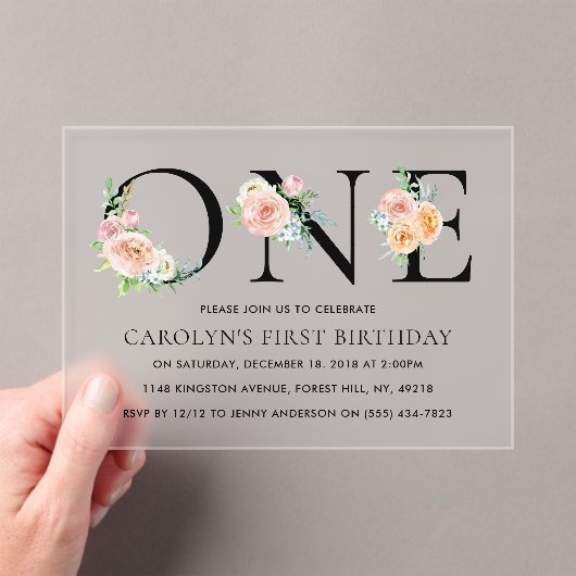 単にエレガントフローラワンバースデーパーティー アクリル招待状 (インサイチュ (ポータブル))