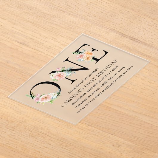 単にエレガントフローラワンバースデーパーティー アクリル招待状 (レイダウン)