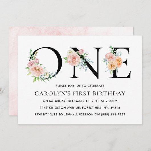 単にエレガントフローラワンバースデーパーティー 招待状 (正面/裏面)