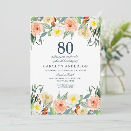 単にエレガントフローラ任意の年齢の誕生日パーティー 招待状 (スタンド正面)