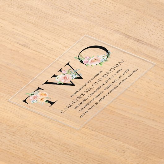 単にエレガントフローラ2番目の誕生日パーティー アクリル招待状 (レイダウン)