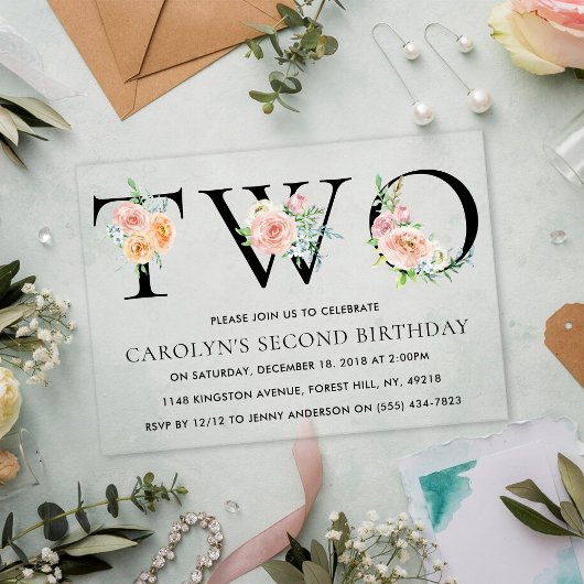 単にエレガントフローラ2番目の誕生日パーティー アクリル招待状