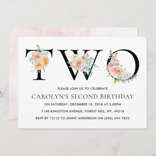 単にエレガントフローラ2番目の誕生日パーティー 招待状 (正面/裏面)