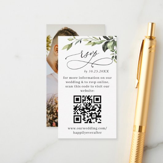 単にエレガントユーカリの結婚QR RSVP写真 エンクロージャーカード (正面/裏面インサイチュ)