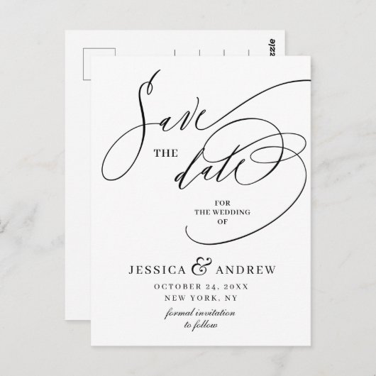 単にエレガント書道結婚式の日付を保存 ポストカード (正面/裏面)