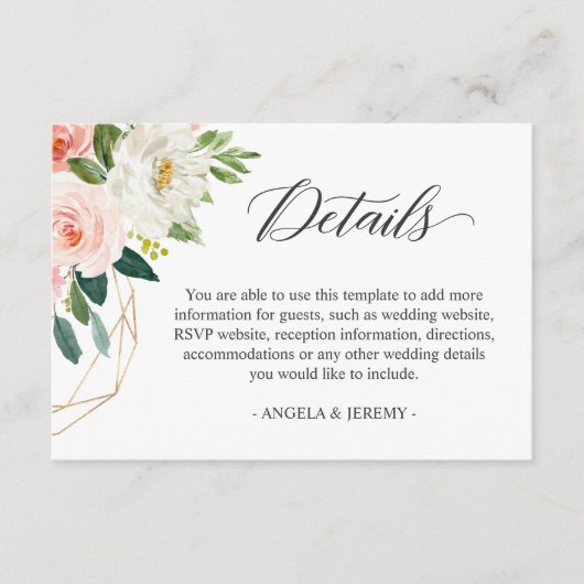 単にエレガント赤面ピンクのフローラの結婚詳細 エンクロージャーカード (正面)