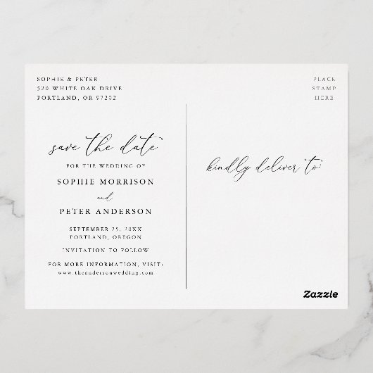 単にエレガントScript Photo日付を保存 箔招待状ポストカード (裏面)