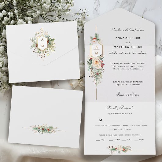 単にクリスマスエレガントフローラモノグラム オールインワン招待状