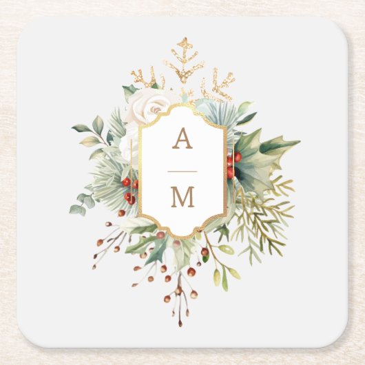 単にクリスマスエレガントフローラモノグラム スクエアペーパーコースター (正面)