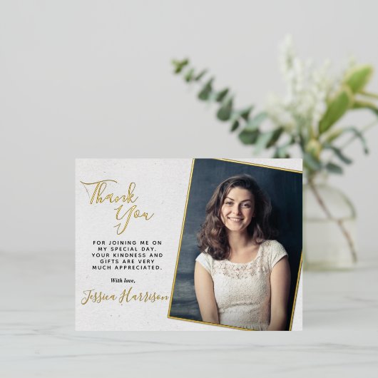 単にシックな写真ありがとう卒業実在 箔招待状ポストカード (立ち正面)