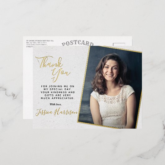 単にシックな写真ありがとう卒業実在 箔招待状ポストカード (正面/裏面)