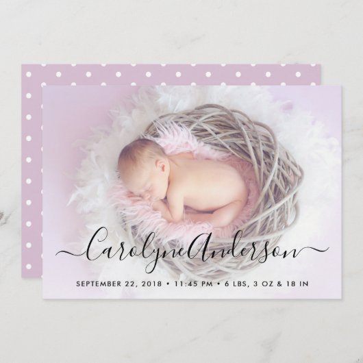 単にシックな薄紫水玉模様誕生のお知らせ 案内状 (正面/裏面)