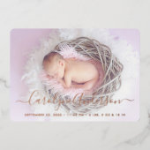 単にシックな薄紫水玉模様誕生のお知らせ 箔招待状 (正面)