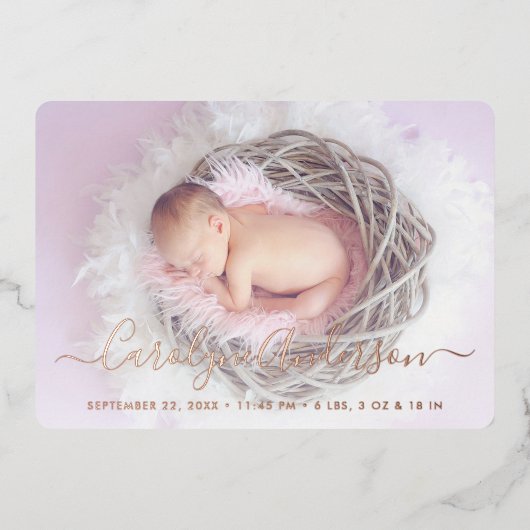 単にシックな薄紫水玉模様誕生のお知らせ 箔招待状 (正面)