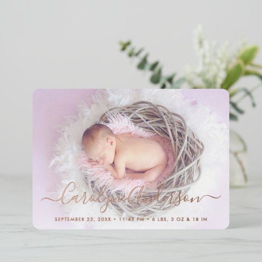 単にシックな薄紫水玉模様誕生のお知らせ 箔招待状 (立ち正面)