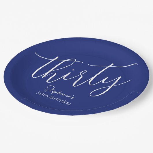 単にスクリプモダントネイビーブルー30th誕生日パーティー ペーパープレート (アングル)