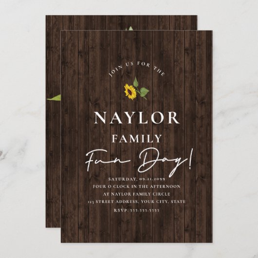 単にモダンひまわり木製ファミリー懇親会 招待状 (正面/裏面)