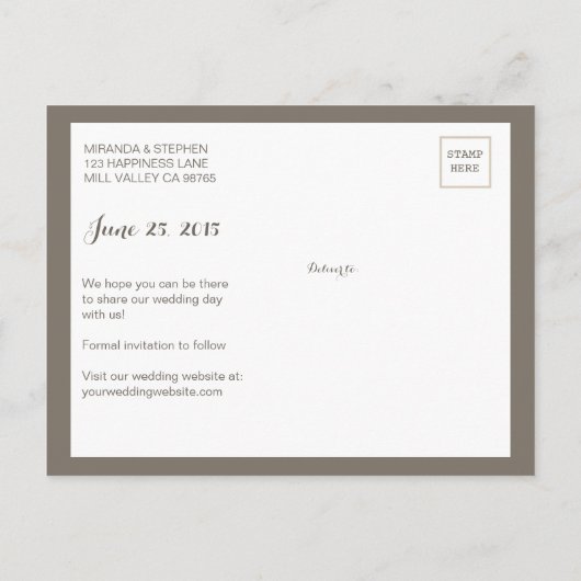 単にモダン結婚式の日付の写真はがきを保存 案内ポストカード (裏面)