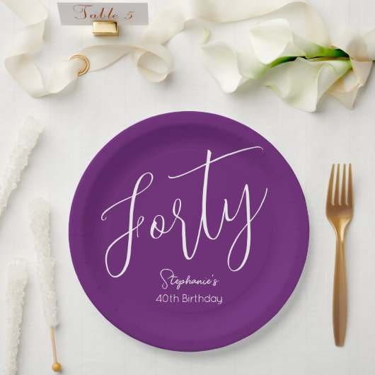 単にモダン脚本の秋の紫40歳の誕生日 ペーパープレート (ウェディング)