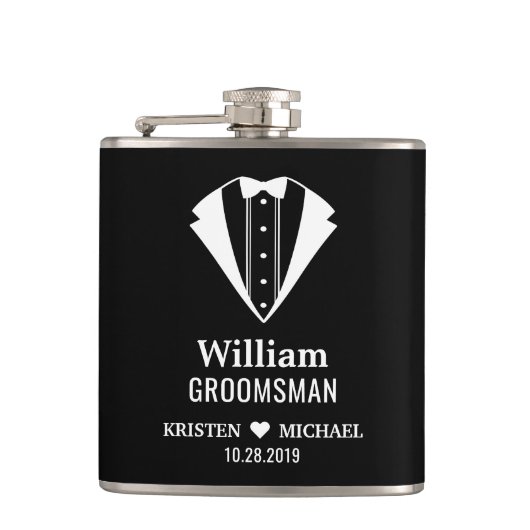 単に上品なTuxedoスーツ結婚の新郎のgroomsman フラスク (正面)