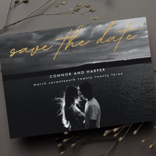 単に写真エレガント金ゴールド白の日付を保存 案内ポストカード