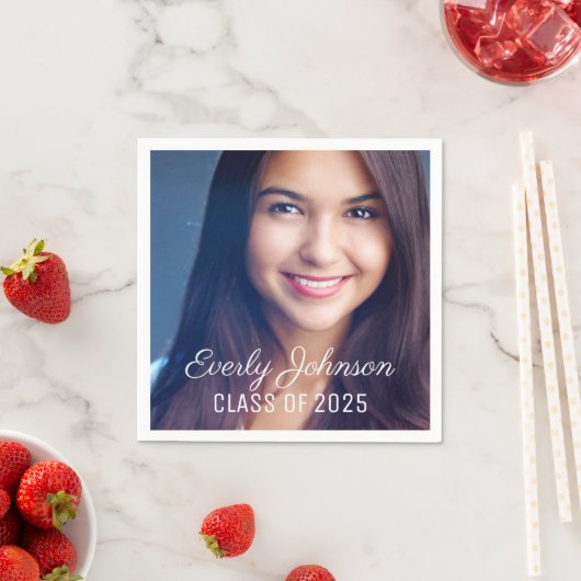 単に白エレガント文字の写真の卒業 スタンダードカクテルナプキン (インサイチュ)