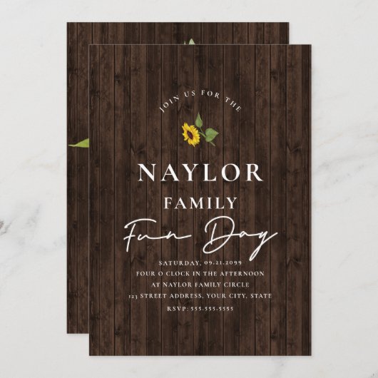 単に素朴ひまわり木製ファミリー懇親会 招待状 (正面/裏面)