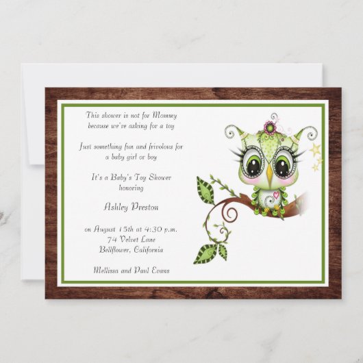 単に美しい漫画のフクロウのベビーシャワー 招待状 (正面)