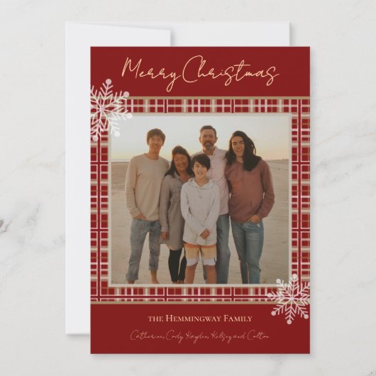 単に赤いエレガント格子状の雪片コージークリスマス シーズンカード (正面)
