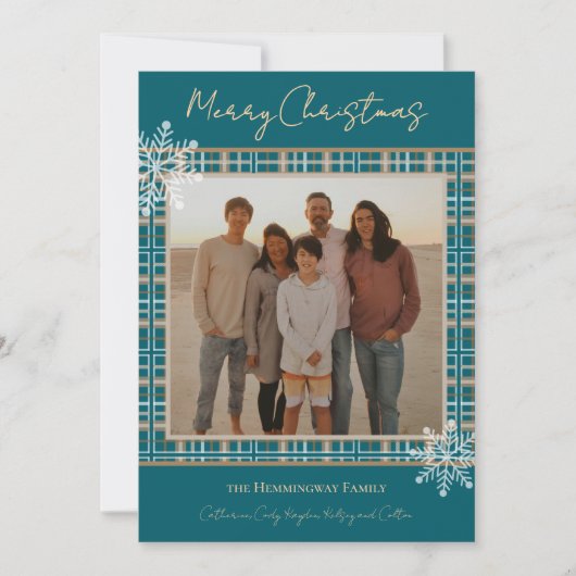 単に青エレガントの格子雪の結晶クリスマス シーズンカード (正面)