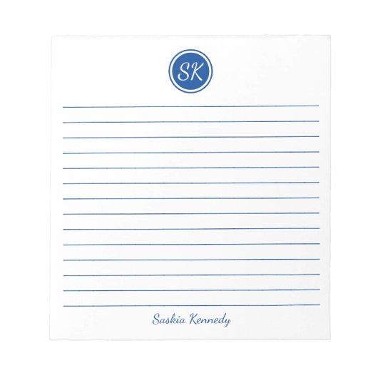 単に青エレガント線のモノグラム名 ノートパッド (正面)