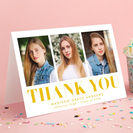 単に黄色はっきりしたの3写真卒業 サンキューカード